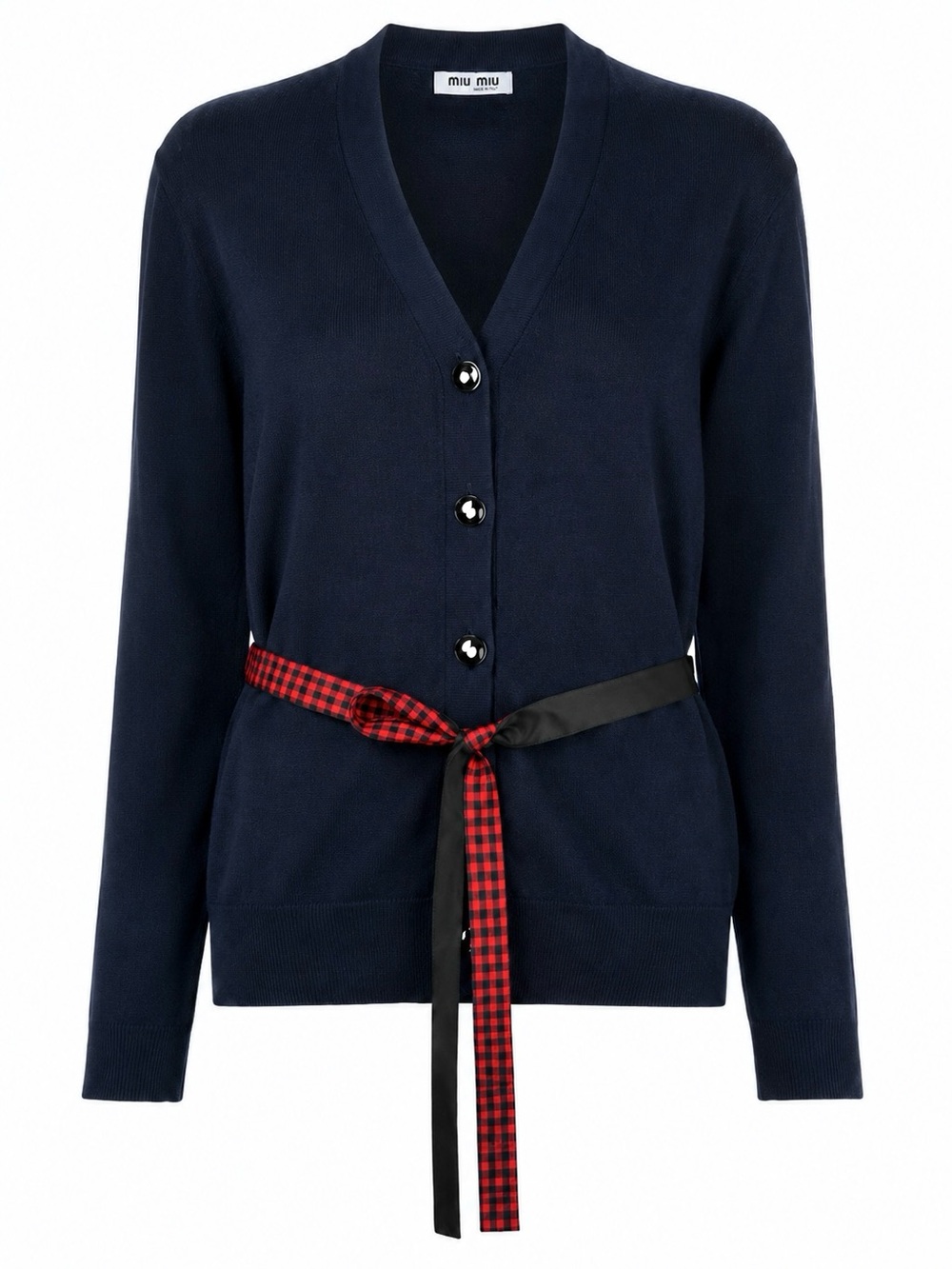 Miu Miu Gingham Belt Cardigan Virgin Wool Silk Navy Red Black Size 40